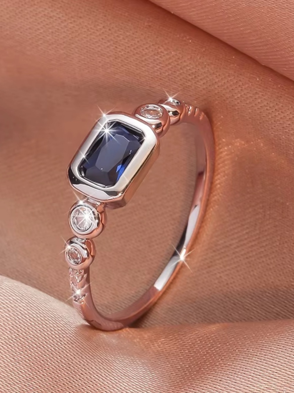 White Gold Ring with Blue Sapphire Emerald-Cut New